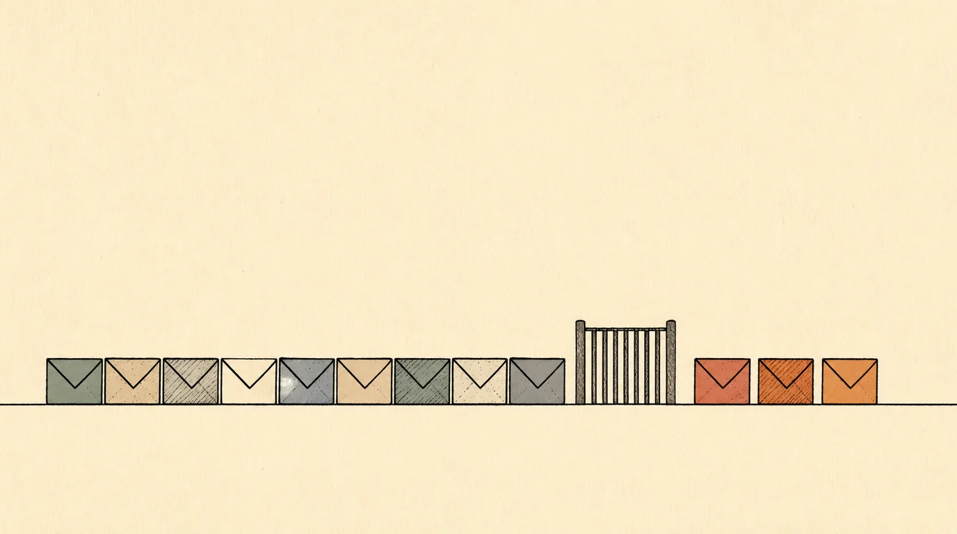 Pen-and-ink illustration: a long row of sage and stone envelopes on a horizon line, a small slatted gate, and three terracotta envelopes on the far side