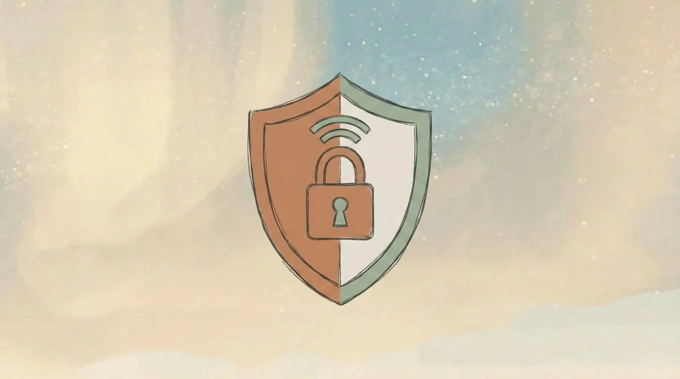 Hand-drawn illustration of a two-toned shield with a padlock and wifi signal at its centre, set against a soft watercolour sky, representing browser-based AI security against prompt injection attacks.