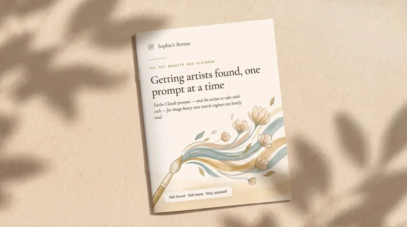 The Art Website SEO Playbook cover, twelve Claude prompts with the action and reasoning behind each.