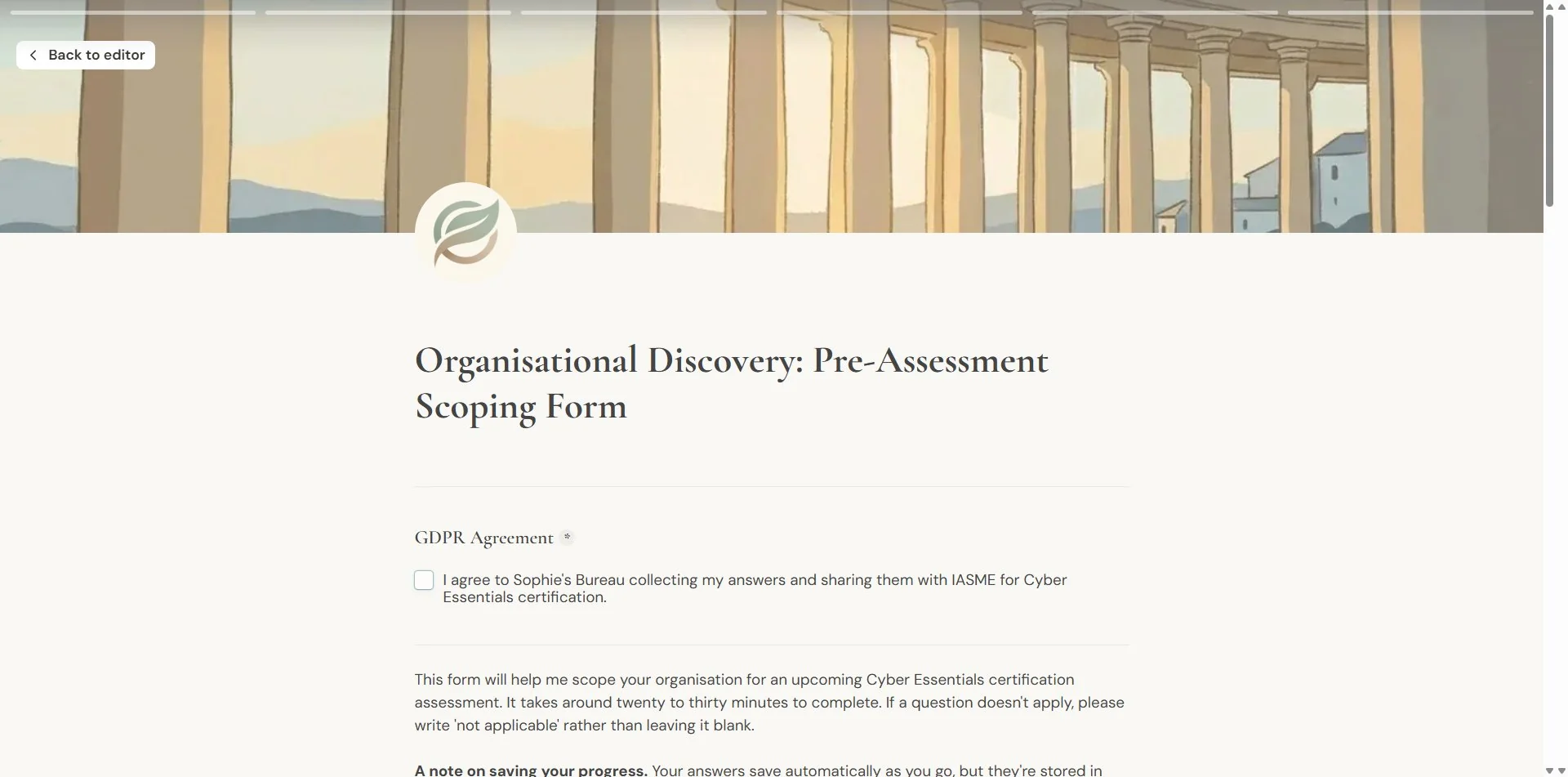 Cyber Essentials Organisational Discovery pre-assessment scoping form built in Tally, with custom Cormorant Garamond branding, a banner image of ancient columns, and a GDPR Agreement checkbox