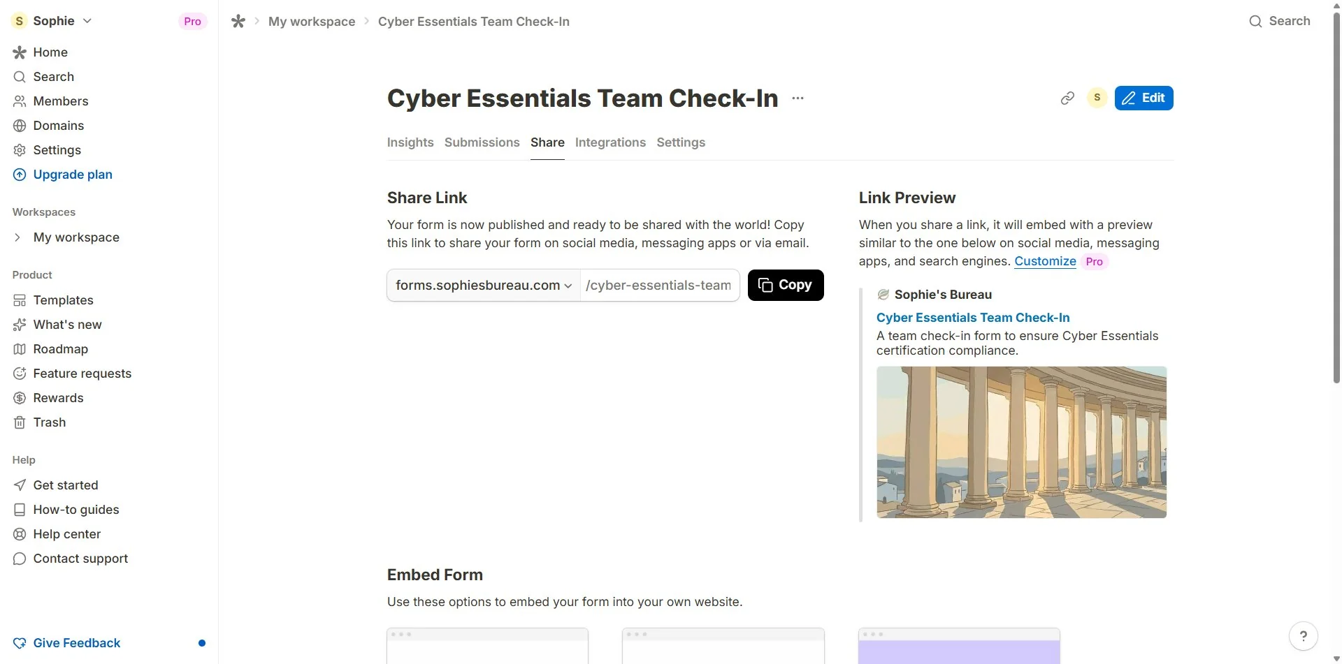 Tally's Share tab showing the Link Preview customisation panel for a Cyber Essentials Team Check-In form, with title, description and preview image fields