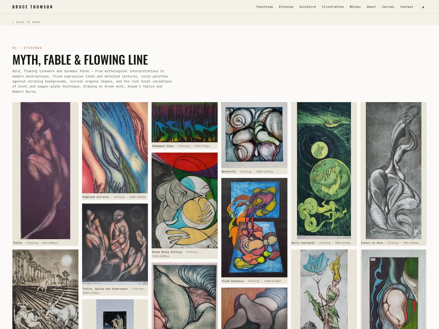 The etchings gallery on brucethomson.art, each work on its own indexable page.