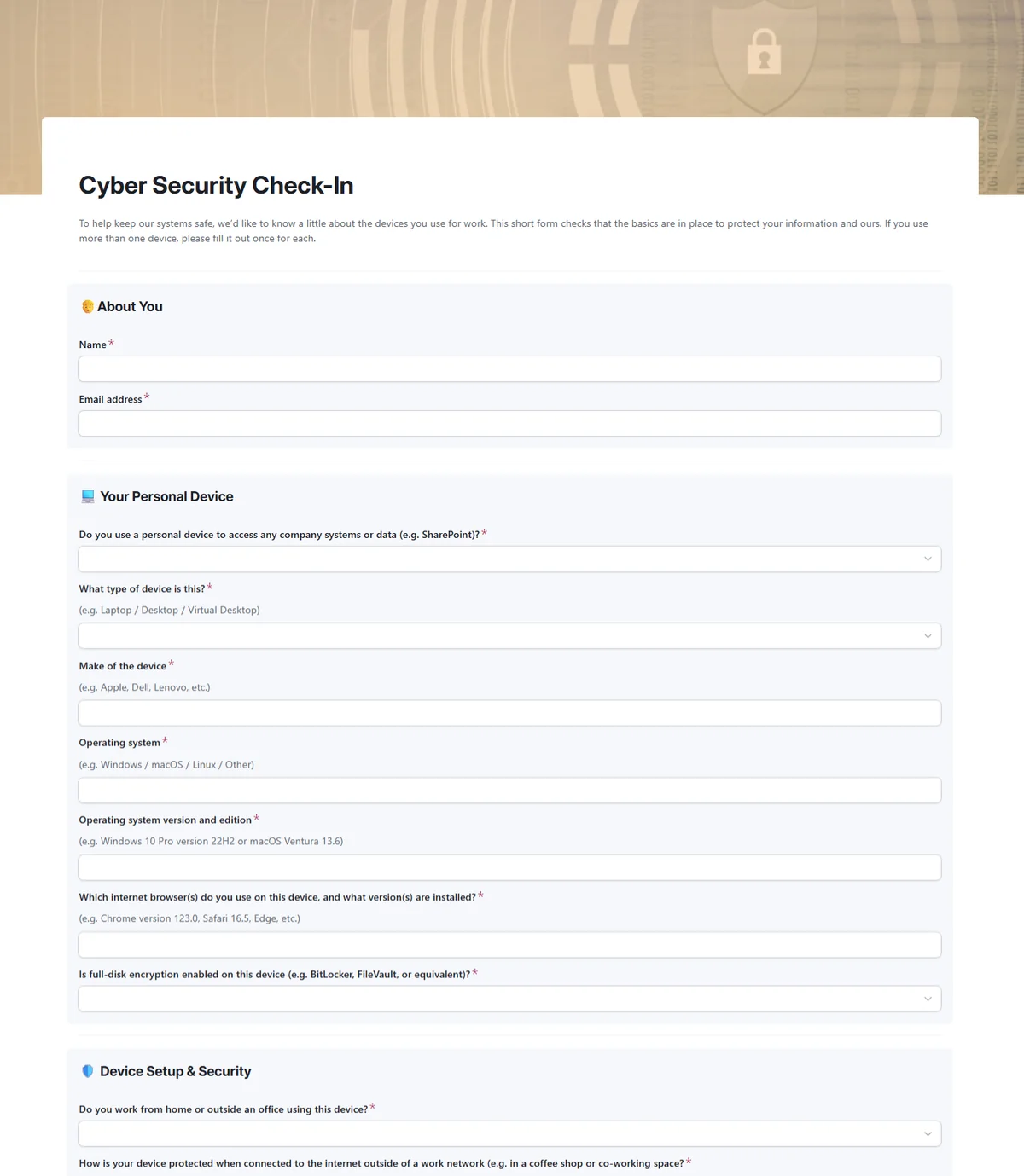 BYOD cyber security check-in form built in Airtable, asking associates about their personal device, operating system, browser versions and full-disk encryption status.