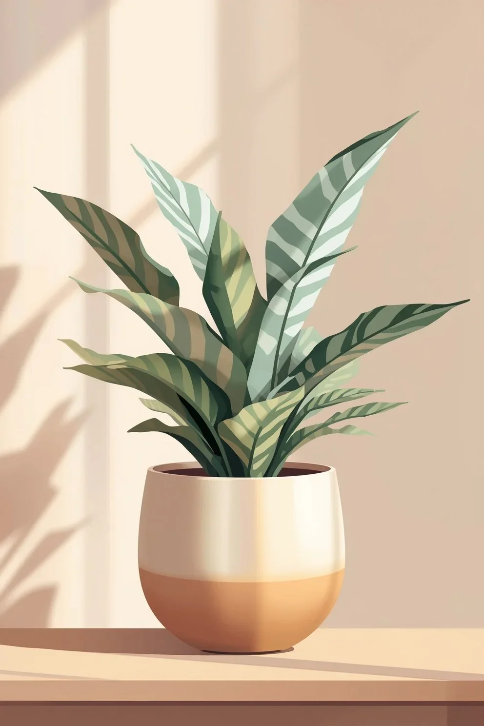Soft illustration of a Calathea Zebrina houseplant in a two-tone cream and terracotta ceramic pot, sitting on a wooden surface in warm afternoon sunlight. The plant's leaves show their characteristic light and dark green zebra-stripe pattern.