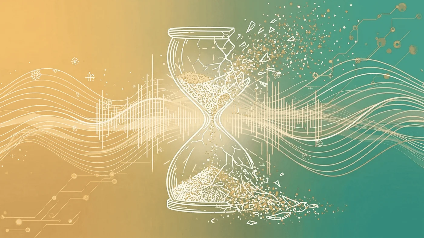Illustration of an hourglass dissolving into golden particles, against a split background of warm yellow and cool teal, with sound waves and audio spectrum lines flowing horizontally across the image.