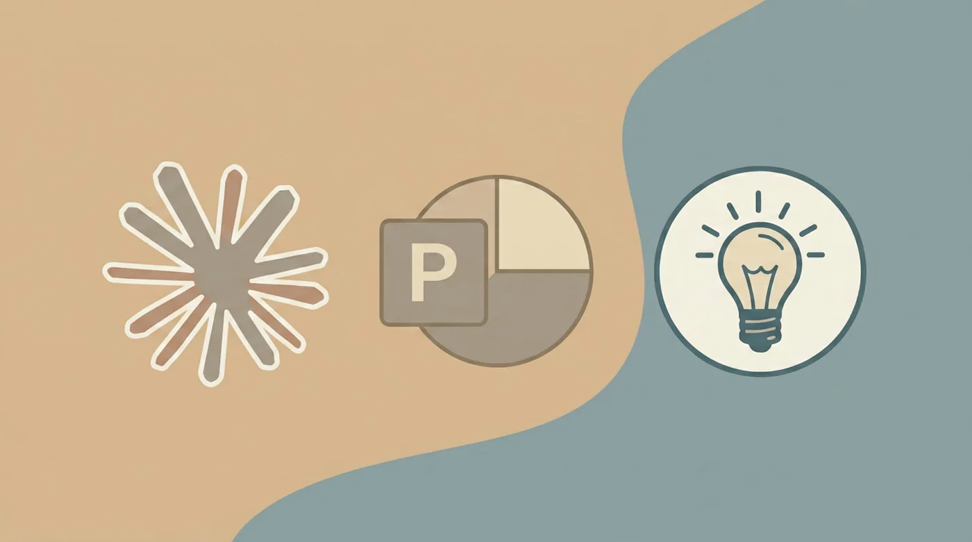 Illustration of the Claude AI logo, the Microsoft PowerPoint icon and a lightbulb representing the data-to-PowerPoint workflow.