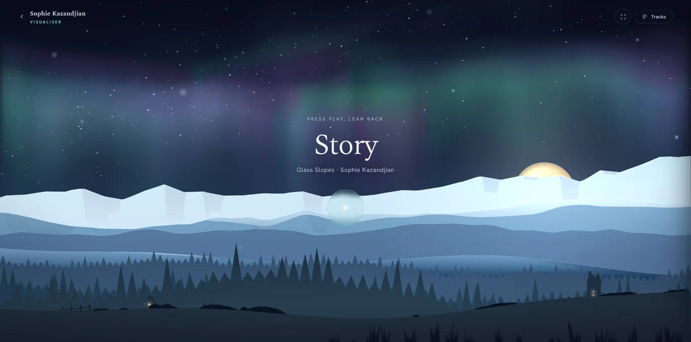 A frame from the visualiser: snow-capped peaks, a bright moon to the right, an aurora in green and violet over a still loch, a dark pine treeline and a small lit cottage, all drawn in code in Claude Design.