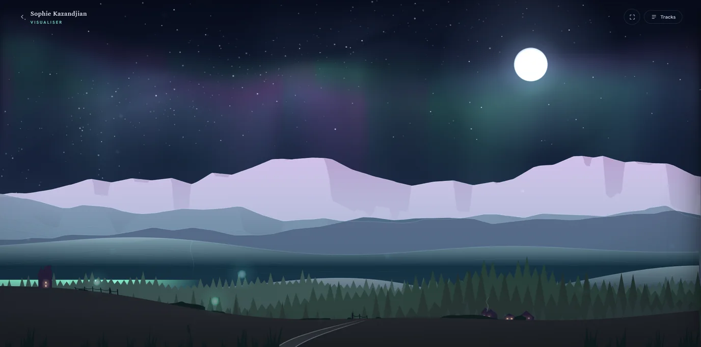 Another frame from the visualiser, the moon higher and the aurora banded in green and blue over the snow line, with small glowing lights among the pines.