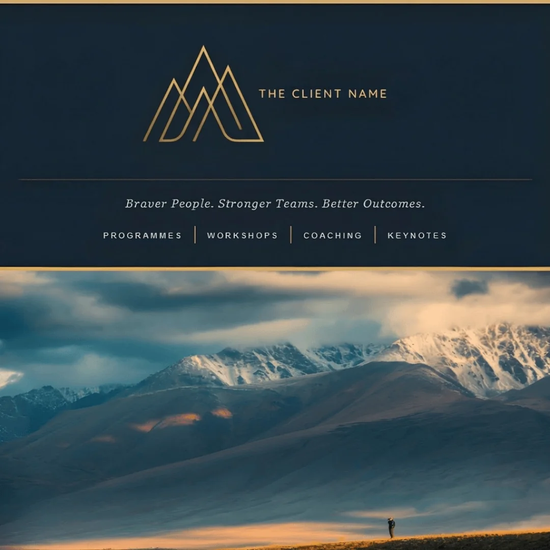 Mockup of a custom HTML email newsletter header on a navy background, with a gold mountain monogram, the placeholder text 'The Client Name', the tagline 'Braver People. Stronger Teams. Better Outcomes.' and a navigation row reading Programmes, Workshops, Coaching, Keynotes, above a wide mountain range photograph.