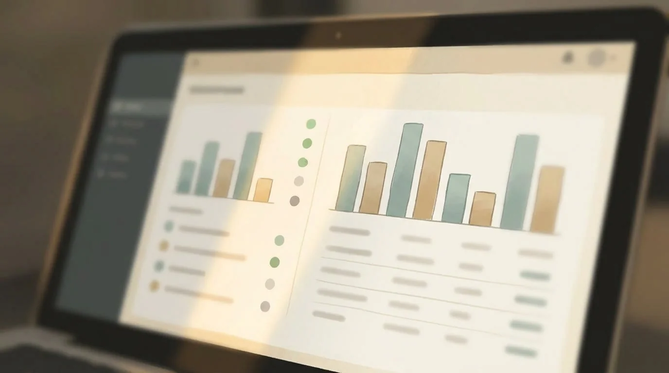 A muted dashboard of sage and tan bar charts with a column of status dots: the read-only report the Worker produced before writing anything to Airtable.