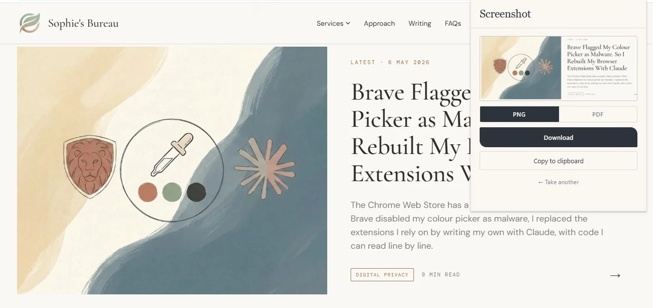 Custom Brave screenshot extension popup with PNG and PDF format toggle, Download and Copy to clipboard buttons