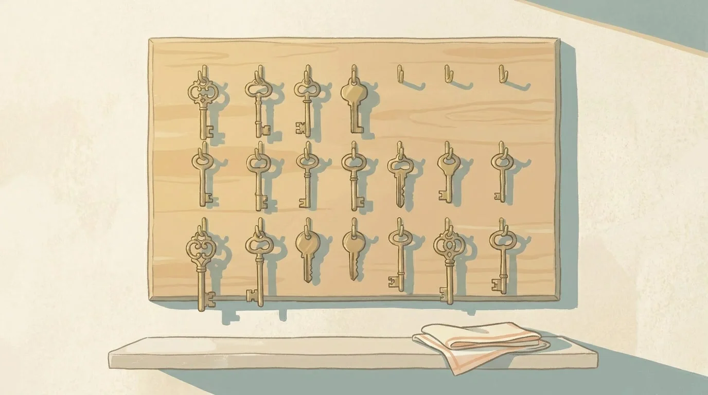 Editorial illustration of a wall of brass keys hanging on small hooks against a warm cream Mediterranean wall, suggesting structured access control