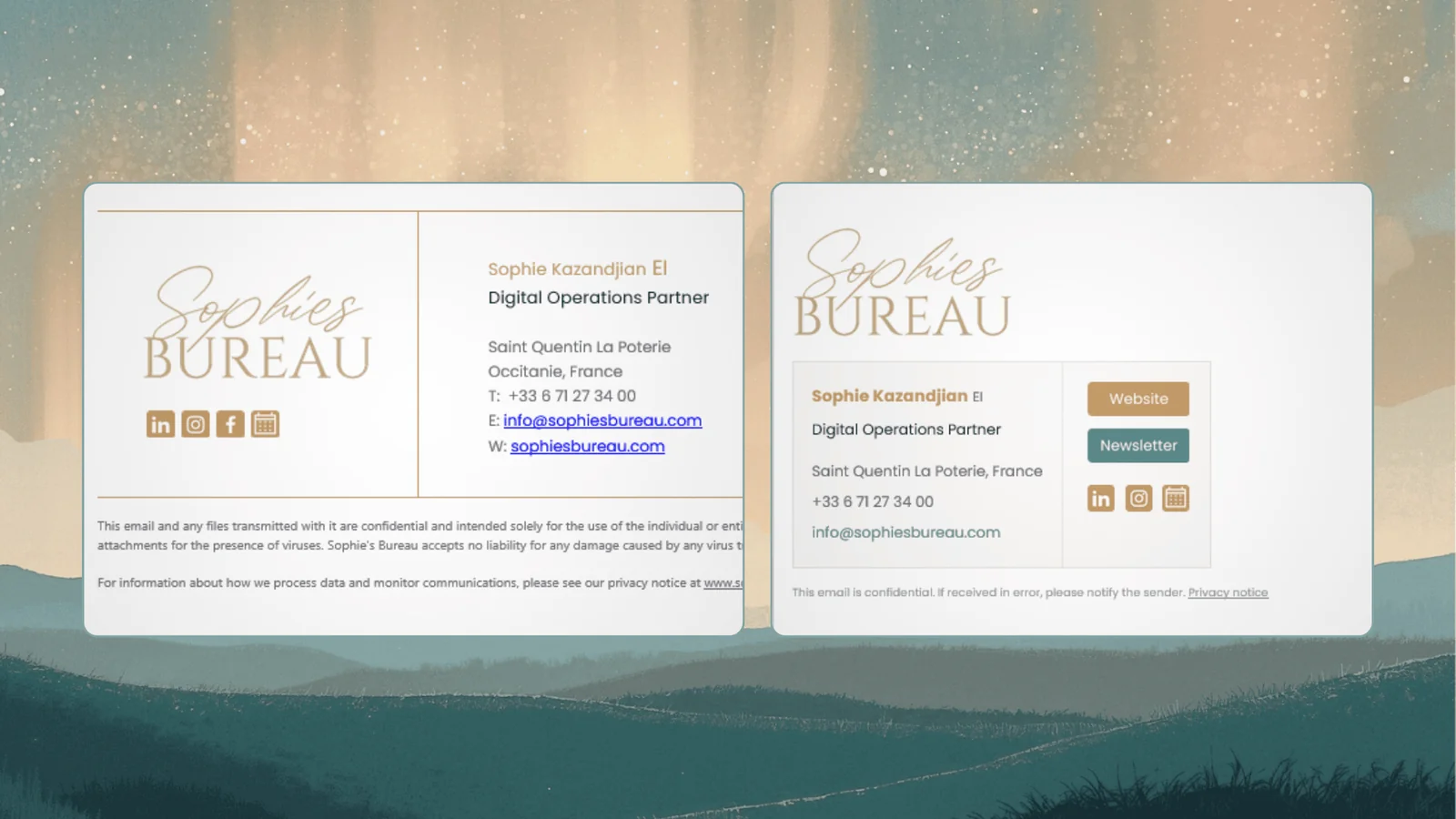 Side-by-side comparison of the old and new Sophie's Bureau email signatures. The old version on the left has a logo, address block, contact details and four small social icons. The new version on the right has a cleaner card layout with the logo, role, location, contact details, two CTA buttons (Website and Newsletter), and three social icons.
