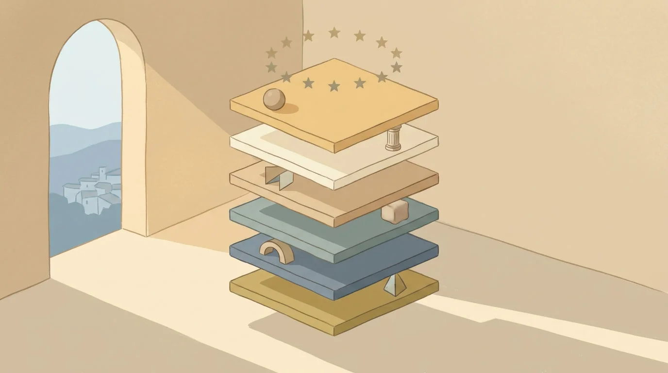 Layered illustration of an EU AI stack shown as architectural platforms within a Mediterranean interior, framed by twelve stars