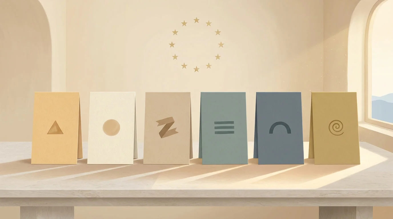Six tone-coloured cards arranged on a stone shelf in a Mediterranean interior, with twelve gold stars above representing EU sovereignty
