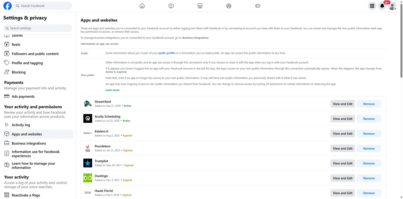 Facebook Settings page showing the Apps and Websites section, with a list of connected apps including StreamYard, Acuity Scheduling, Trustpilot, Duolingo and others, each with View and Edit and Remove buttons.