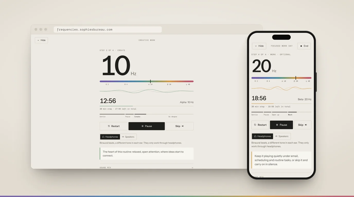 Find Your Frequency open on a computer and a phone. On the computer the player shows 10 Hz alpha during a creative work routine; on the phone it shows 20 Hz beta, each with a marker on a coloured spectrum running from delta to gamma.