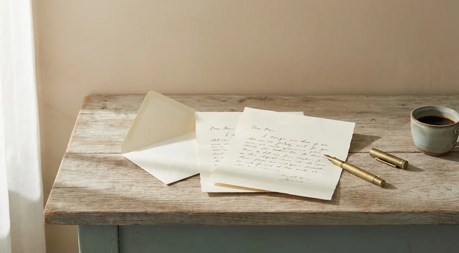 Open envelope and folded letters arranged on a wooden desk in soft natural light, a fountain pen resting nearby and a small cup of coffee at the edge.
