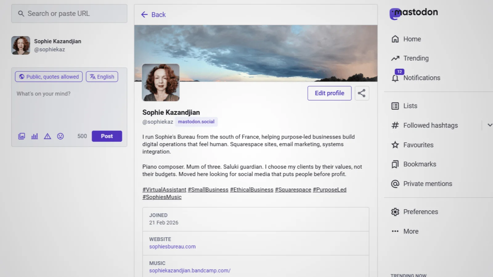 Screenshot of a Mastodon profile page belonging to Sophie Kazandjian (@sophiekaz on mastodon.social), showing a header image of clouded sky over hills, profile photo, bio describing Sophie's Bureau as a digital operations practice for purpose-led businesses, and hashtags including #VirtualAssistant, #SmallBusiness, #EthicalBusiness, #Squarespace and #PurposeLed.