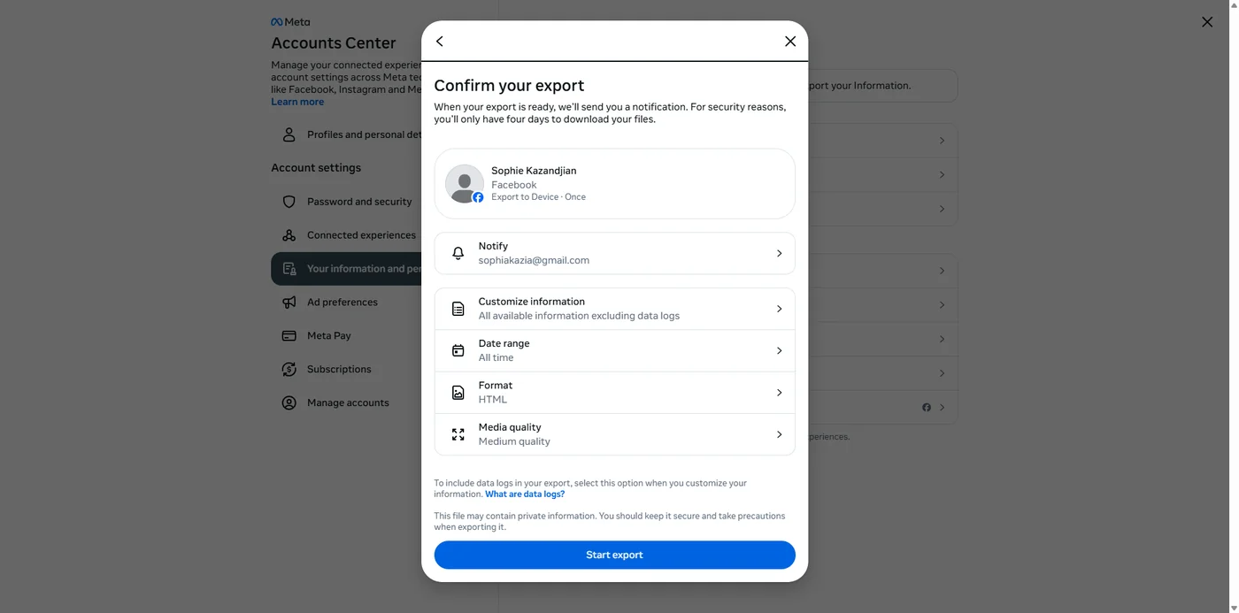 Meta Accounts Center confirm-your-export dialog for Sophie Kazandjian's Facebook account, showing options for Customize information, Date range, Format set to HTML, and Media quality.