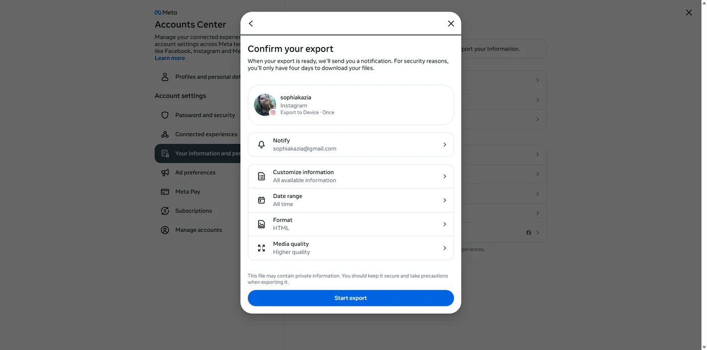 Meta Accounts Centre confirm-your-export dialog for the sophiakazia Instagram account, showing options for Customize information set to All available information, Date range set to All time, Format set to HTML, and Media quality set to Higher.