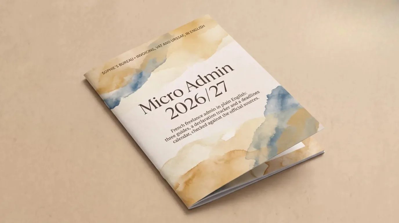 Micro Admin 2026/27 booklet, watercolour cover: invoicing, VAT and URSSAF for English-speaking micro-entrepreneurs in France, by Sophie's Bureau