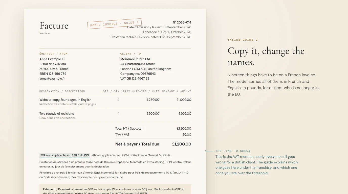 Model invoice from Micro Admin guide 2: a French micro-entrepreneur invoicing a UK client in pounds, bilingual, with the VAT mention and mandatory lines