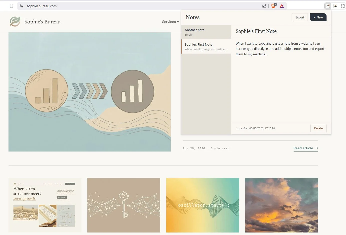 Screenshot of the custom notes extension running in Brave on sophiesbureau.com, showing a popup with multiple titled notes and an export button