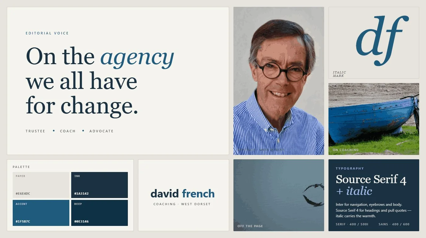 Design moodboard from the Claude Design session, showing an editorial headline, headshot, palette swatches, italic monogram, atmospheric photography, and typography references for Source Serif 4 and Inter.