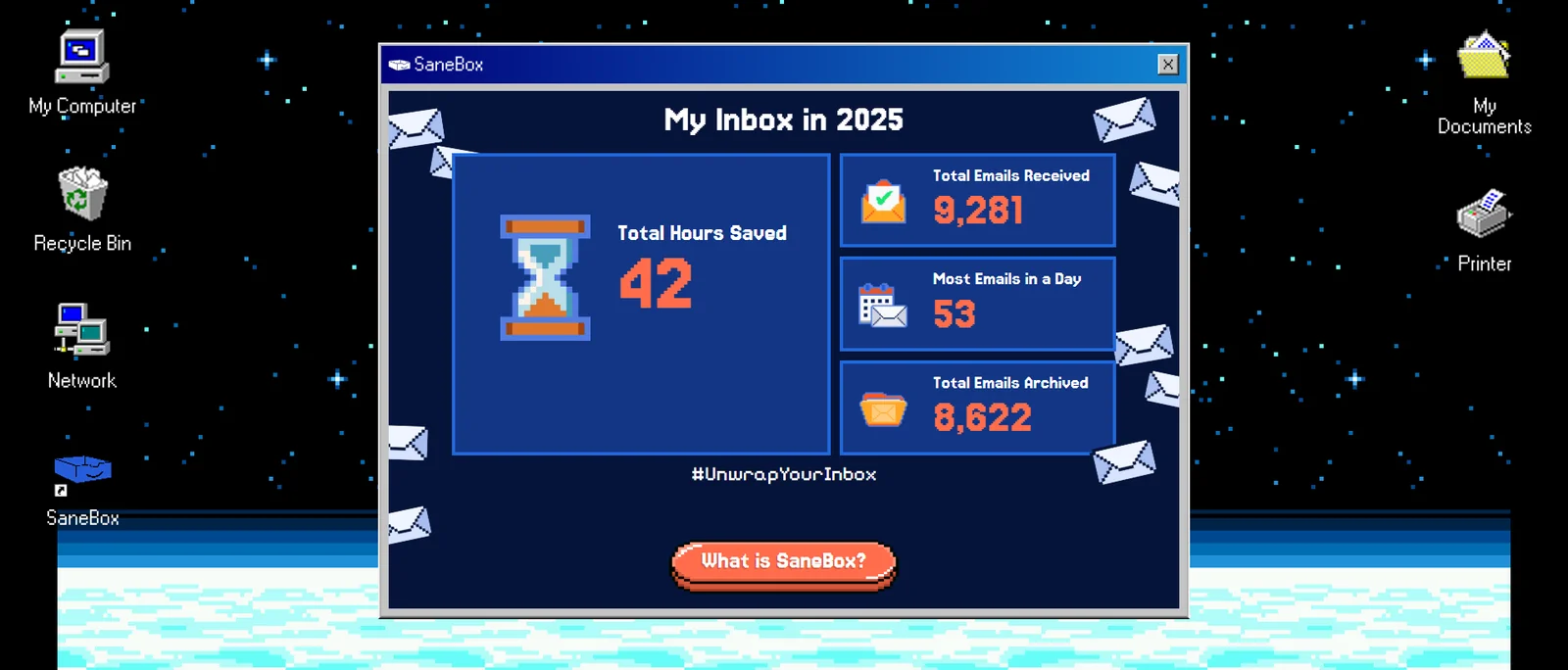 SaneBox 2025 end-of-year inbox summary styled as a Windows 95 desktop window. The window shows: Total Hours Saved 42, Total Emails Received 9,281, Most Emails in a Day 53, Total Emails Archived 8,622. Hashtag #UnwrapYourInbox at the bottom with a What is SaneBox button.