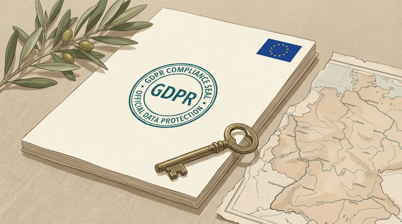 A printed document with a GDPR compliance stamp, a brass key resting on top, an olive branch, and a small map of Germany alongside, on a linen surface.