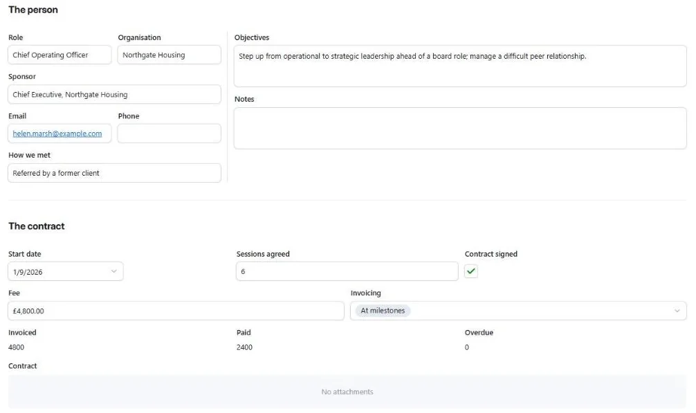 A client page in The Session Book: role, organisation, sponsor, email and how you met, the objectives, and the contract with start date, sessions agreed, fee, invoicing and amounts invoiced, paid and overdue, with a box for the signed contract
