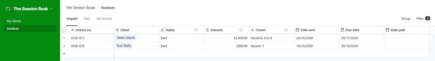 The Unpaid tab in The Session Book listing two invoices sent and not yet paid, with client, amount, what each covers, and the dates sent and due