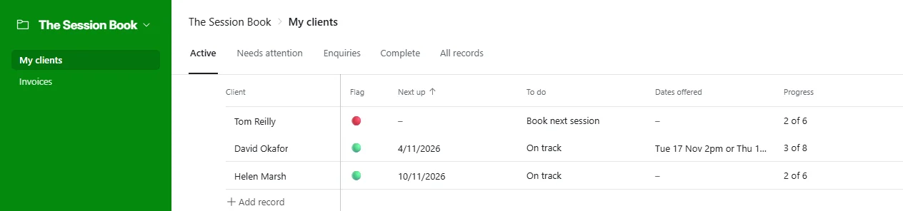 My clients in The Session Book with the tabs Active, Needs attention, Enquiries, Complete and All records along the top, and three sample clients sorted with the unbooked one first