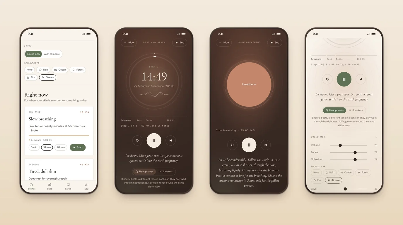 Four phones showing Skin Resonance: the routines screen with Sound only or With skincare, the clay player during Rest and renew, the slow-breathing circle, and the cream player with its sound mix.