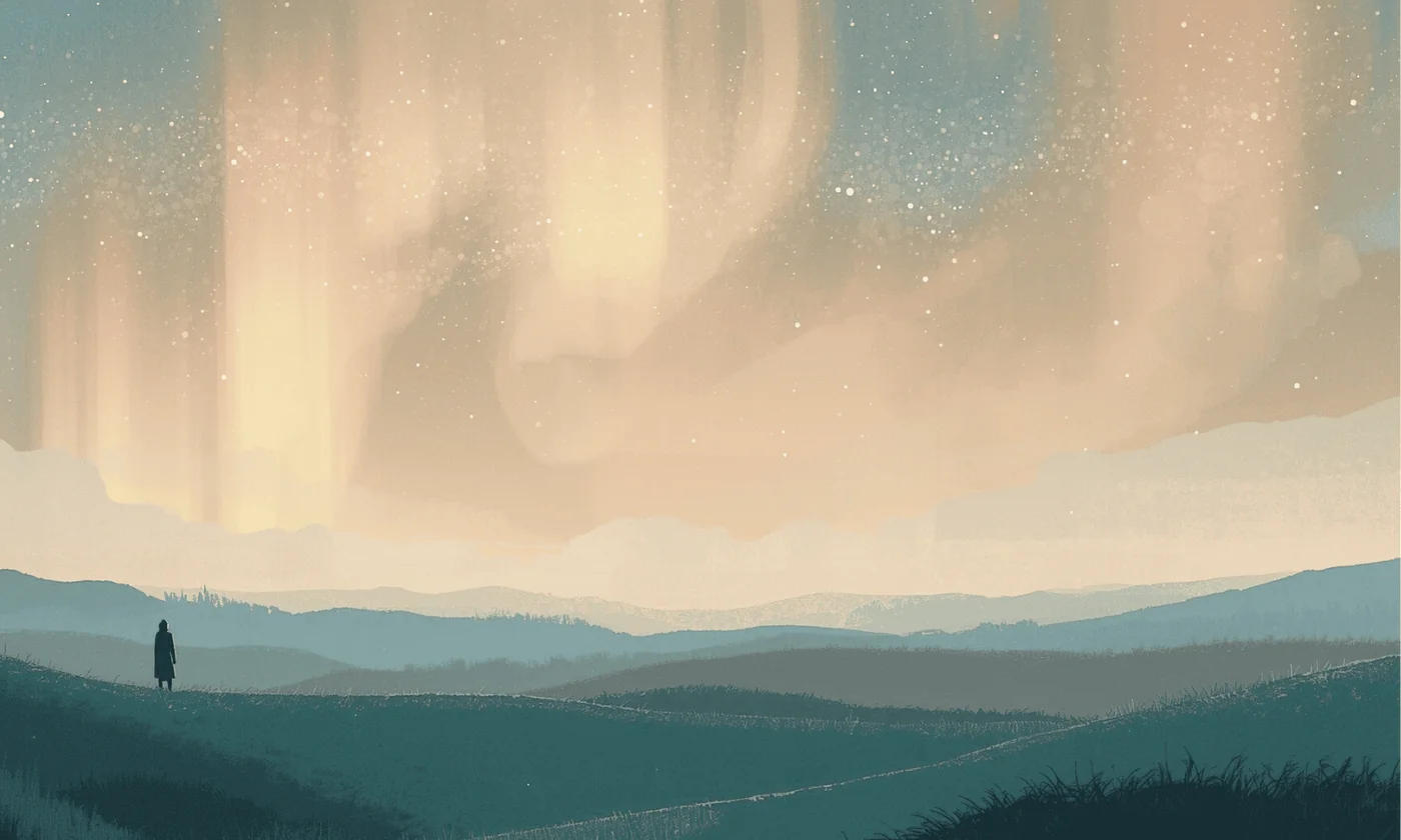 Painterly illustration of a tiny figure standing on a hilltop beneath a vast peach-and-gold aurora sky, with rolling teal hills receding into the distance.