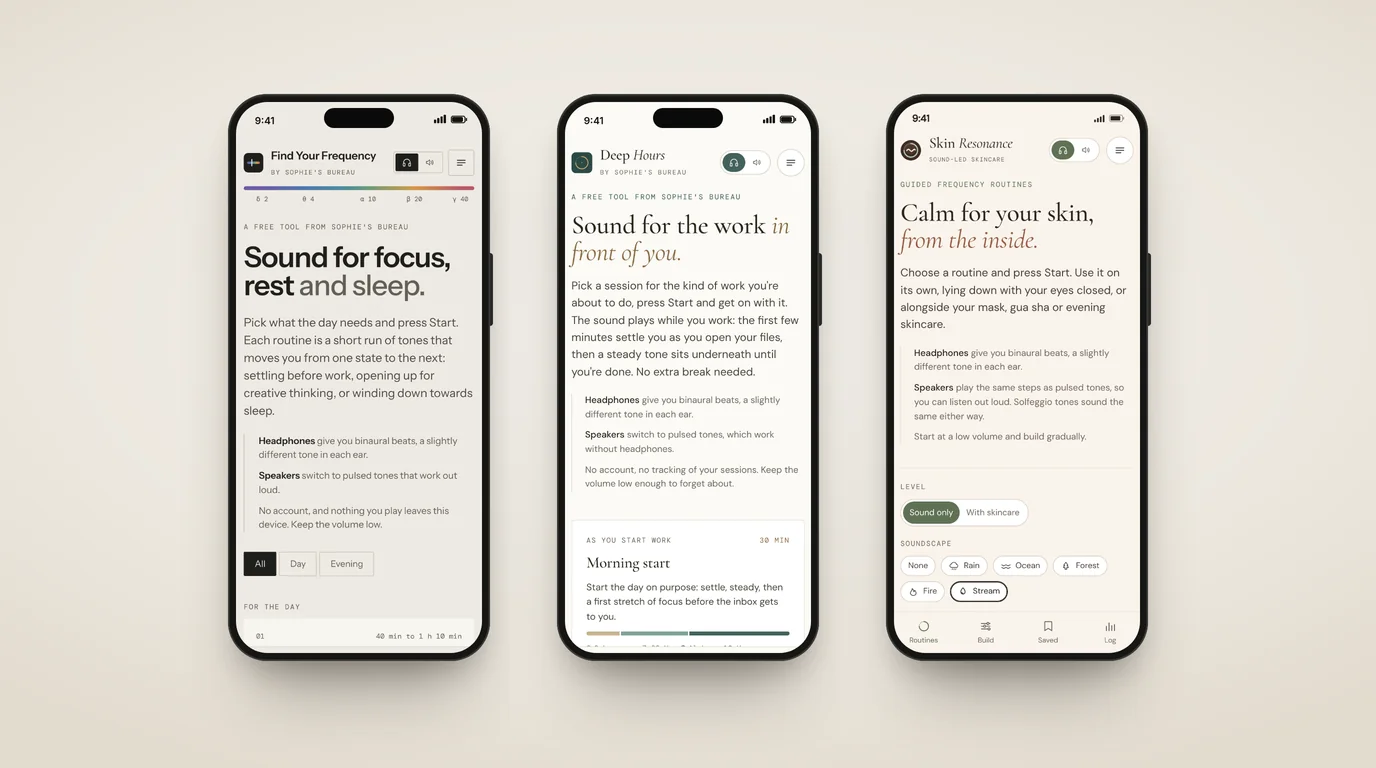 Three phones side by side showing the home screens of Find Your Frequency in warm stone with a colour spectrum, Deep Hours in cream and teal, and Skin Resonance in cream and clay.