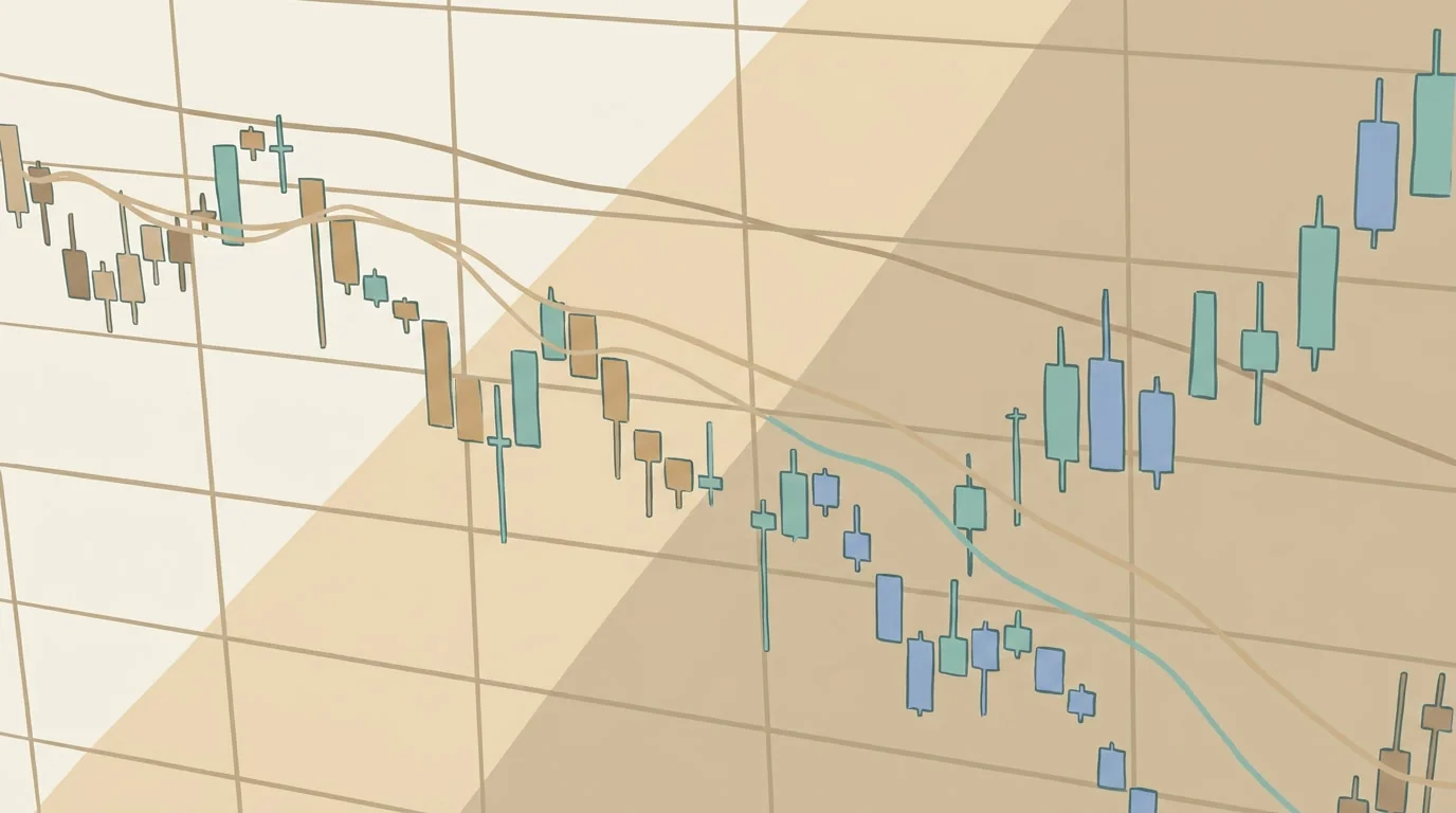 Abstract illustration of overlapping financial candlestick charts in warm orange and cool teal halves, with trend lines moving across a grid background.