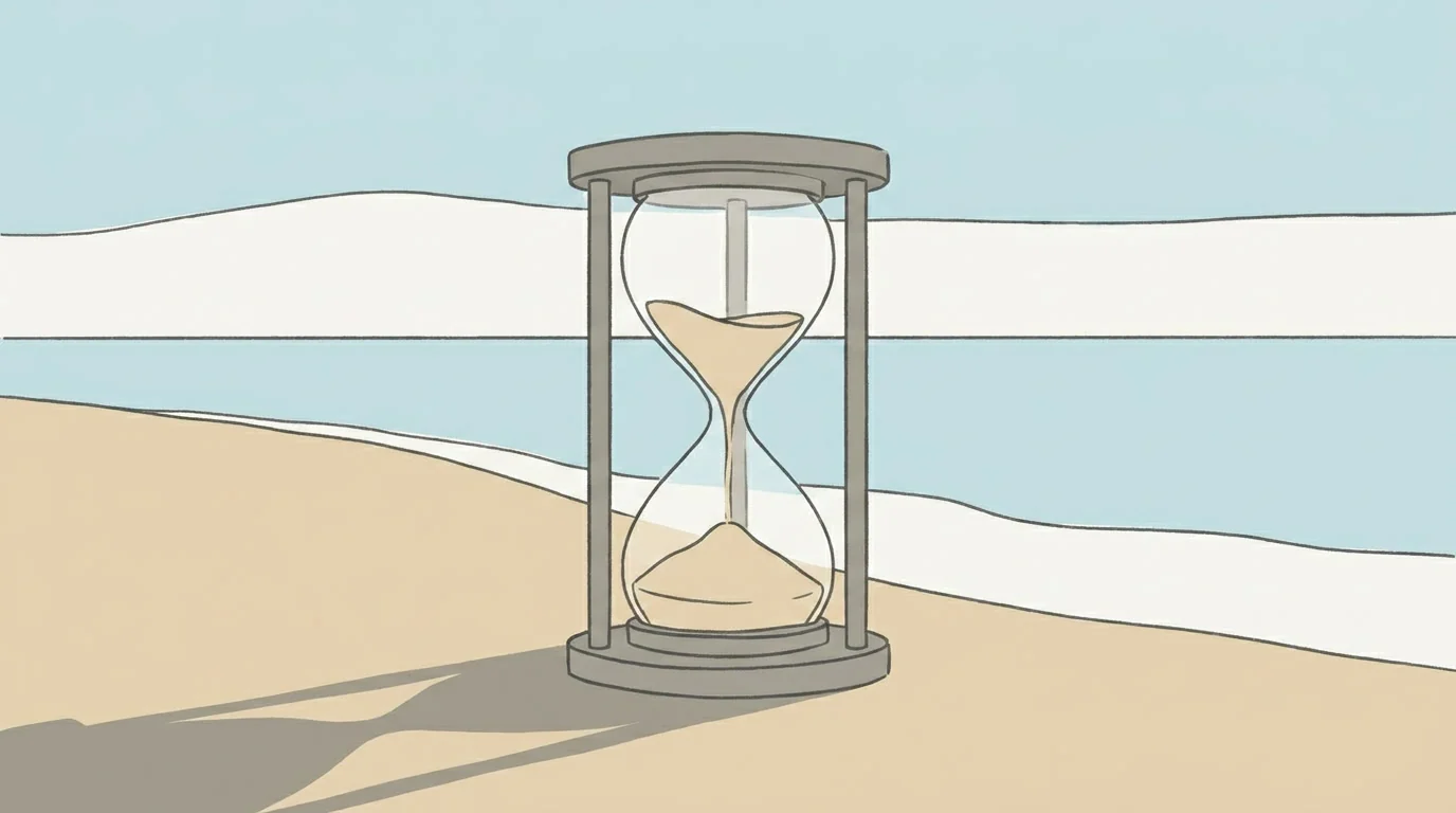Illustration of an hourglass standing on a sandy beach at sunset, with the sea behind, sand running through the glass.