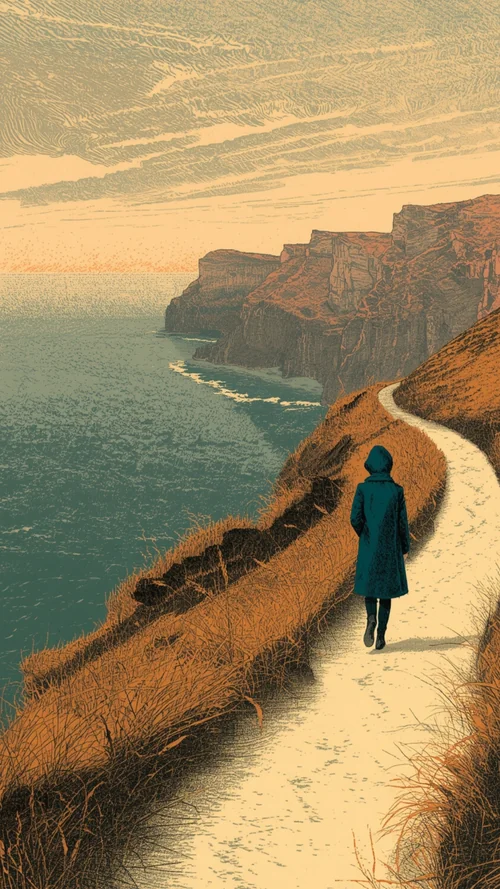 Exhaustion. The figure walks a narrow cliff path above the sea at sunset.