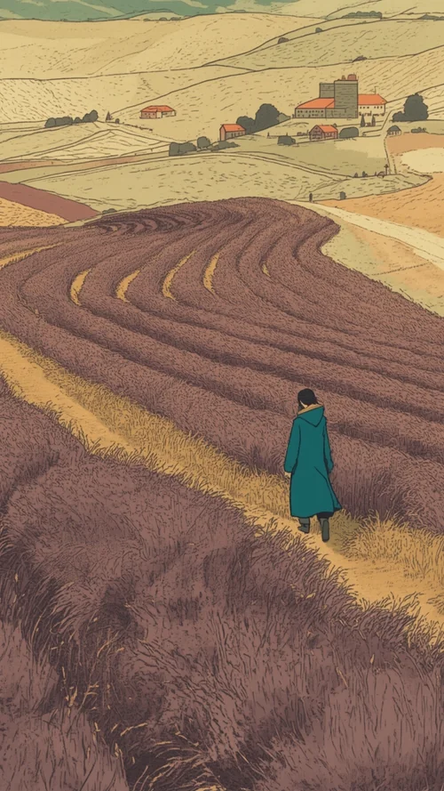 Release. The figure walks beside curved rows of lavender with a farmhouse in the distance.