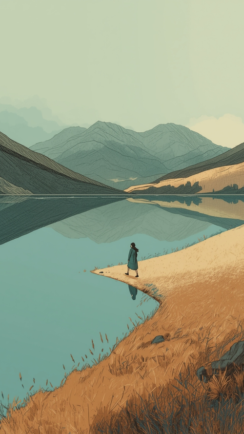 Illustration of a person in a long teal coat walking along a curved sandy path beside a still mountain lake, with the mountains and the figure reflected in the water.