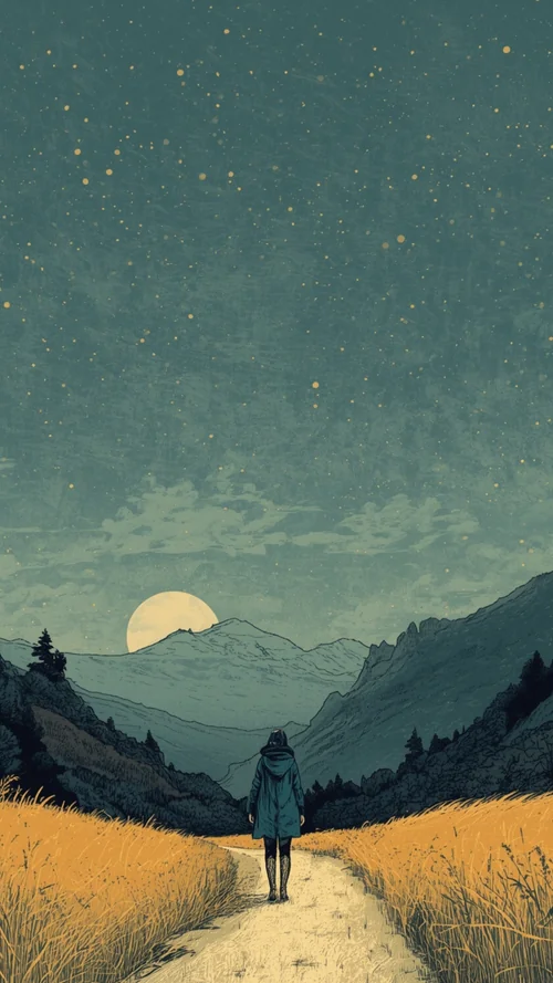 The reframe. The figure stands on a path under a starlit sky with a moonrise behind distant mountains.