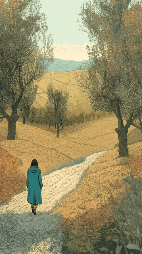 Natural rhythm. The figure walks a path through an olive grove with rolling hills beyond.