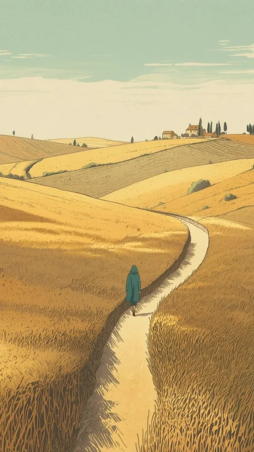 Opening question. A figure begins her walk across rolling golden fields under a soft morning sky.