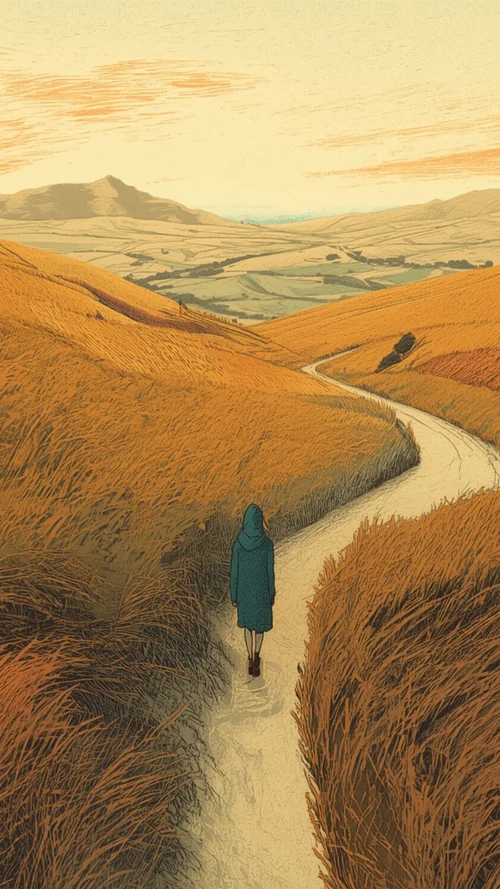 Invitation to continue. The figure walks a path through golden fields toward a distant farmhouse at twilight.