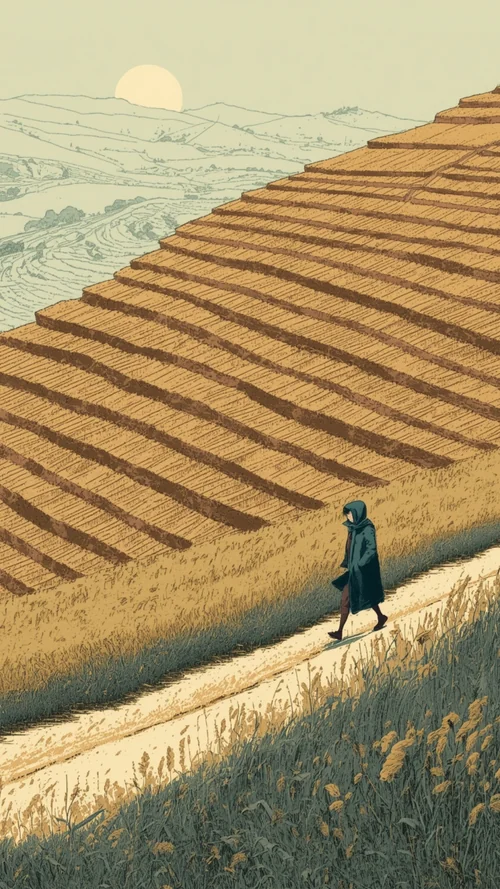 The productivity trap. A small figure walks along a path beside steep agricultural terraces.