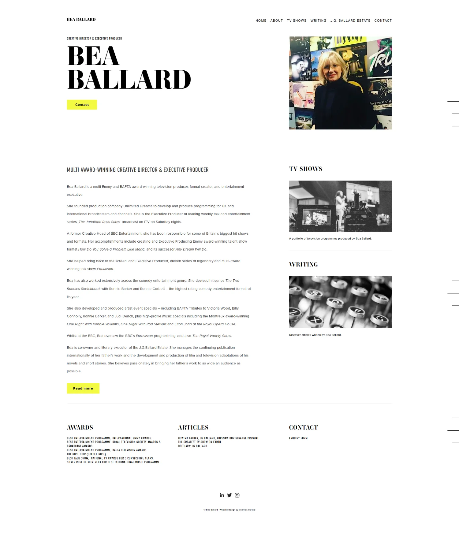 Full homepage scroll: TV shows, writing, awards, contact