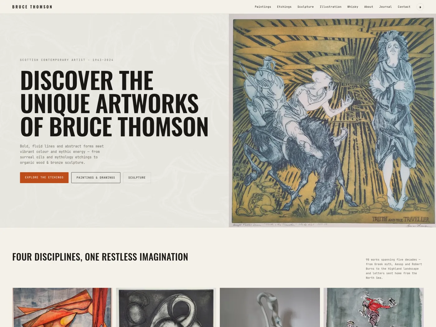 The Art of Bruce Thomson website displayed on a laptop in a studio setting