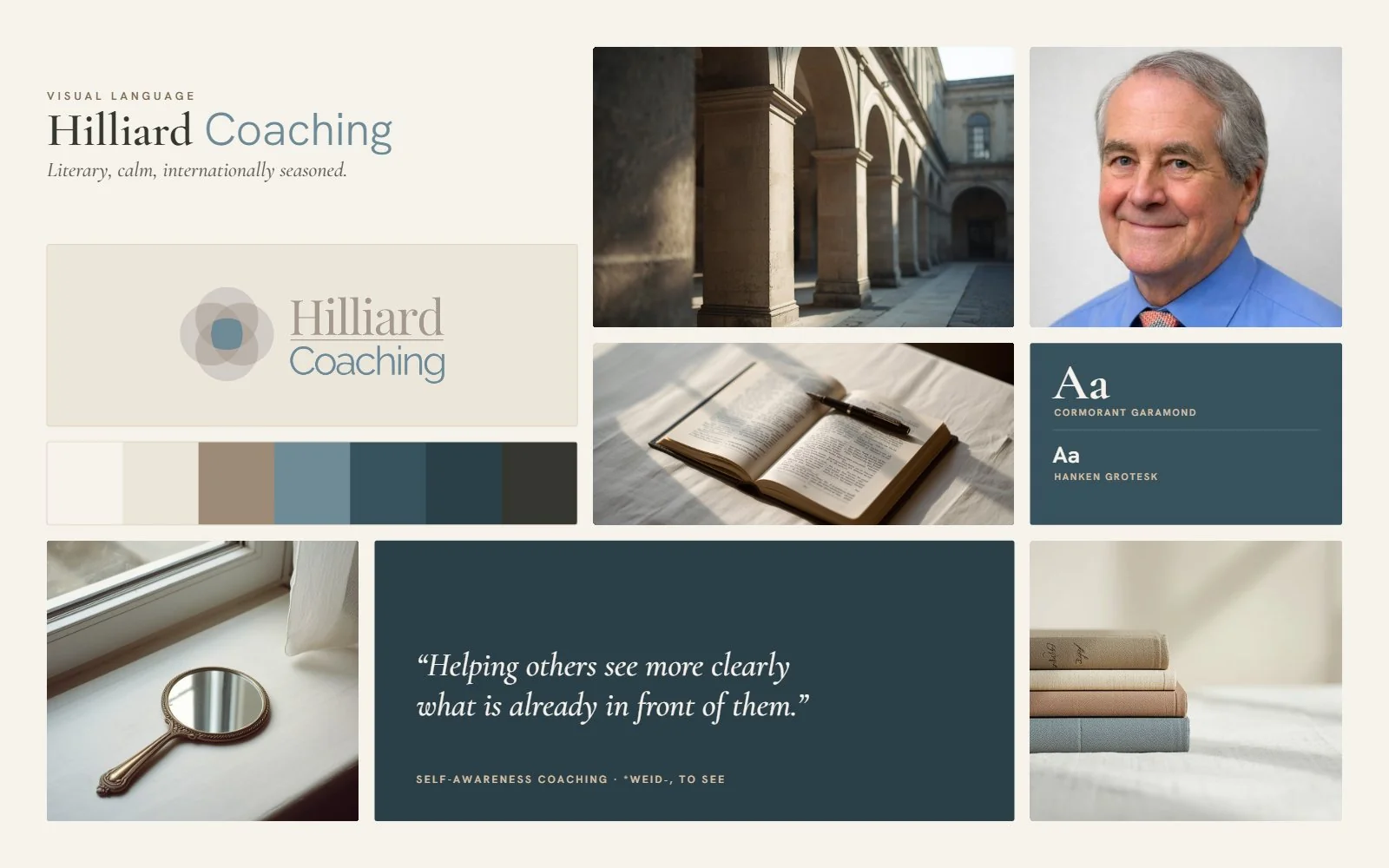 Hilliard Coaching visual language: Cormorant Garamond and Hanken Grotesk type, a paper, tan and slate-blue palette, courtyard and book imagery.